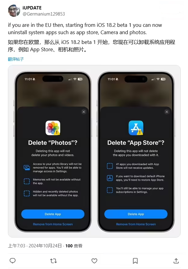 德保苹果手机维修分享iOS 18.2 支持删除 App Store 应用商店 