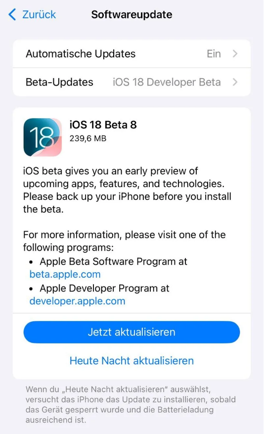 德保苹果手机维修分享苹果 iOS / iPadOS 18 开发者预览版 Beta 8 发布 